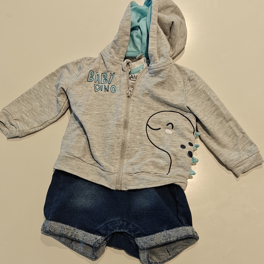 Baby Dino Hoodie, Shirt, and Overalls Three Piece Set